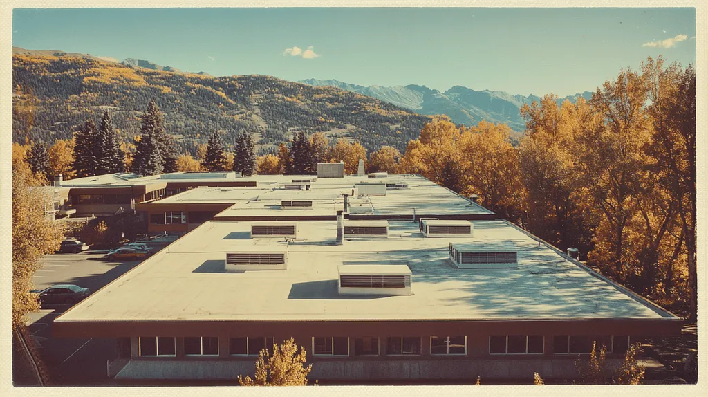 A commercial roof on a post office in a location similar to Aspen with a Polaroid aesthetic (AI image)
