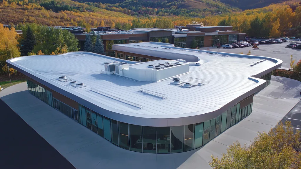 A commercial roof on a post office in a location similar to Aspen with a futuristic aesthetic (AI image)