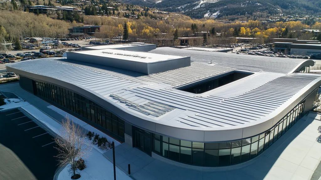 A commercial roof on a post office in a location similar to Aspen with a futuristic aesthetic (AI image)