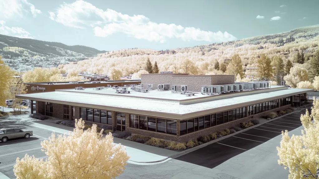 A commercial roof on a post office in a location similar to Aspen with an infrared photography aesthetic (AI image)