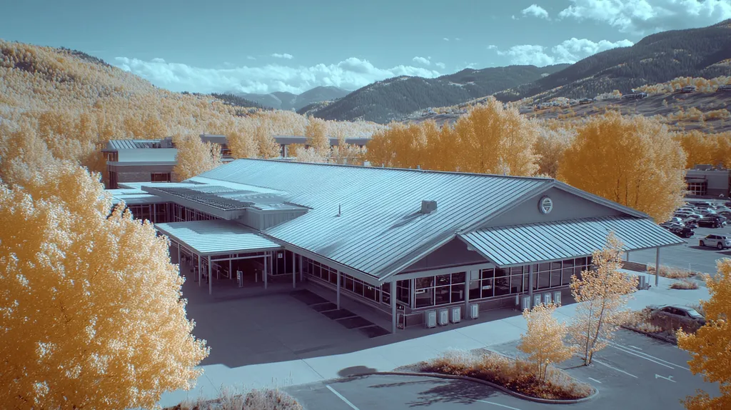 A commercial roof on a post office in a location similar to Aspen with an infrared photography aesthetic (AI image)
