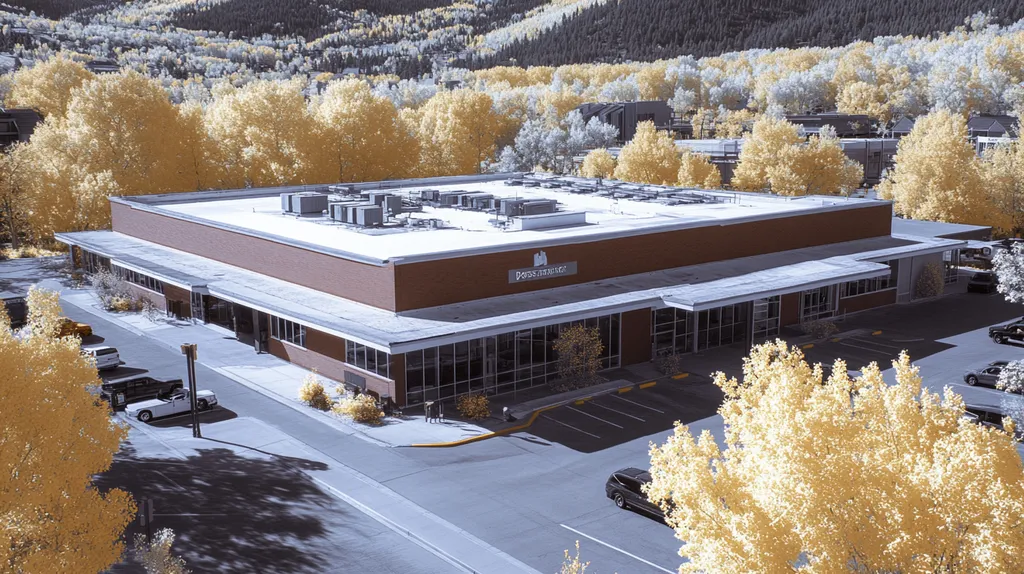 A commercial roof on a post office in a location similar to Aspen with an infrared photography aesthetic (AI image)
