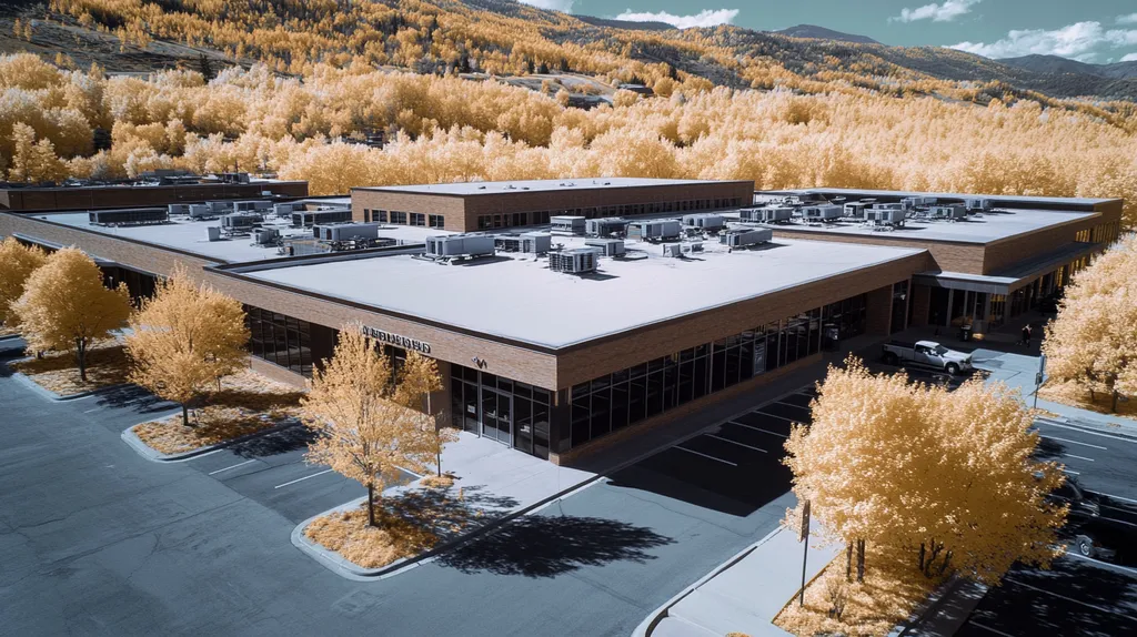 A commercial roof on a post office in a location similar to Aspen with an infrared photography aesthetic (AI image)