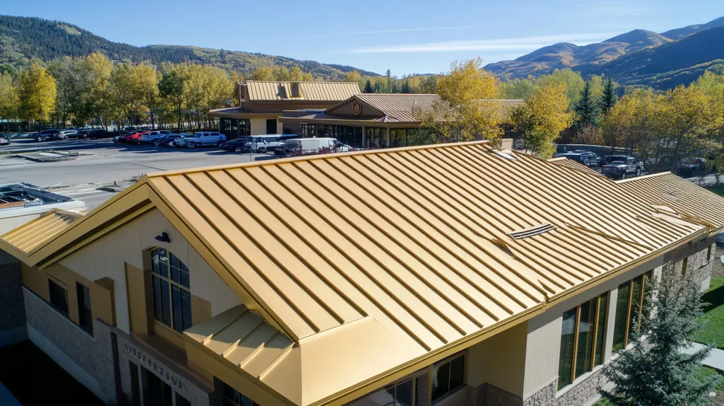 A commercial roof on a post office in a location similar to Aspen with a solid gold aesthetic (AI image)