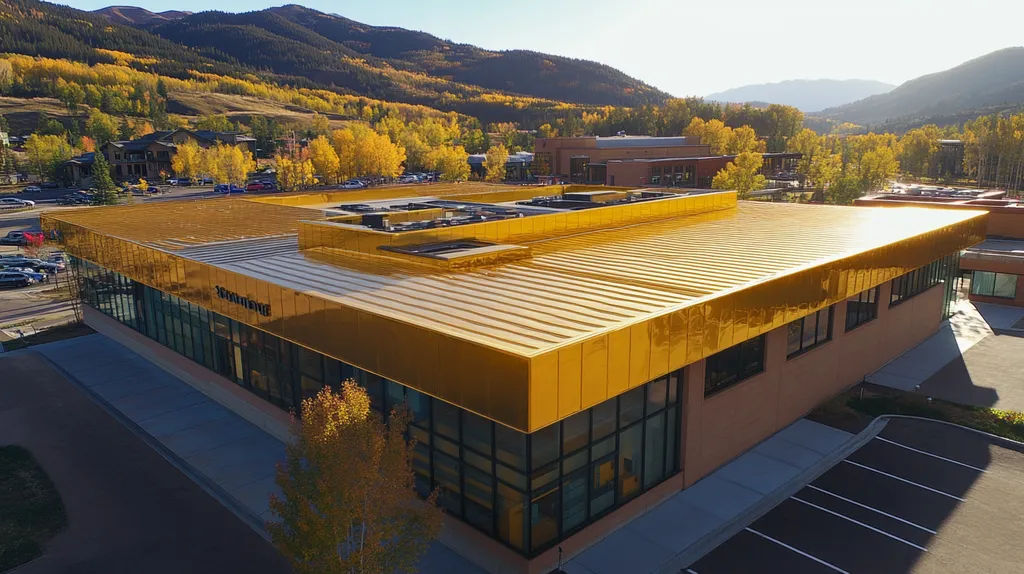 A commercial roof on a post office in a location similar to Aspen with a solid gold aesthetic (AI image)