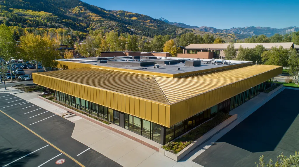 A commercial roof on a post office in a location similar to Aspen with a solid gold aesthetic (AI image)