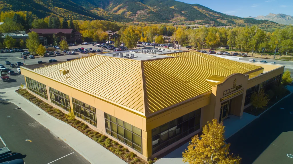 A commercial roof on a post office in a location similar to Aspen with a solid gold aesthetic (AI image)