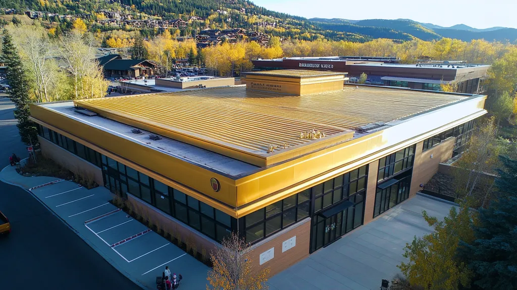 A commercial roof on a post office in a location similar to Aspen with a solid gold aesthetic (AI image)