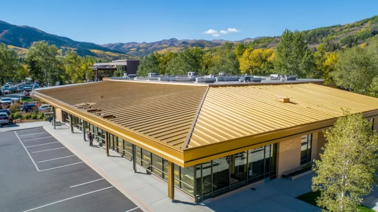 A commercial roof on a post office in a location similar to Aspen with a solid gold aesthetic (AI image)