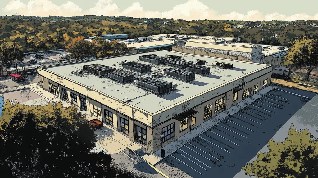 A commercial roof on a post office in a location similar to Austin with a comic book style aesthetic (AI image)