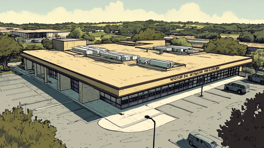 A commercial roof on a post office in a location similar to Austin with a comic book style aesthetic (AI image)