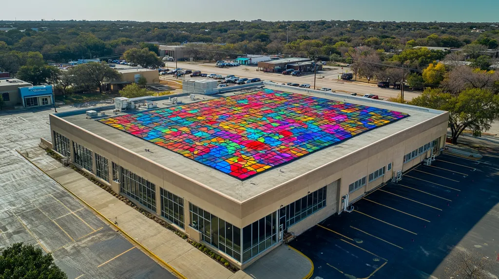 A commercial roof on a post office in a location similar to Austin with a stained glass style aesthetic (AI image)