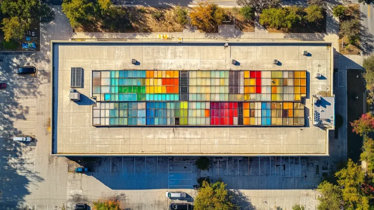 A commercial roof on a post office in a location similar to Austin with a stained glass style aesthetic (AI image)