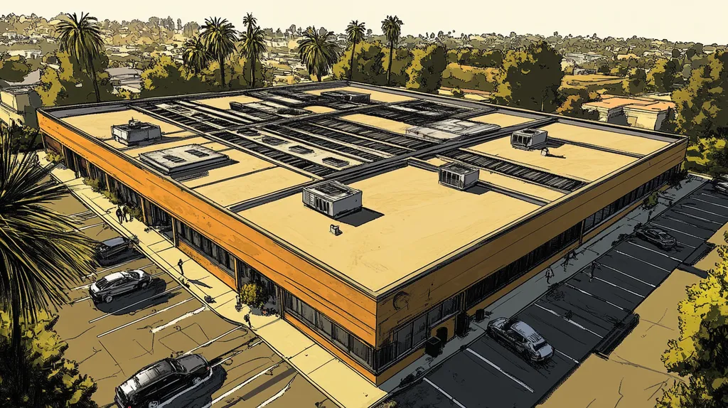 A commercial roof on a post office in a location similar to Beverly Hills with a comic book style aesthetic (AI image)