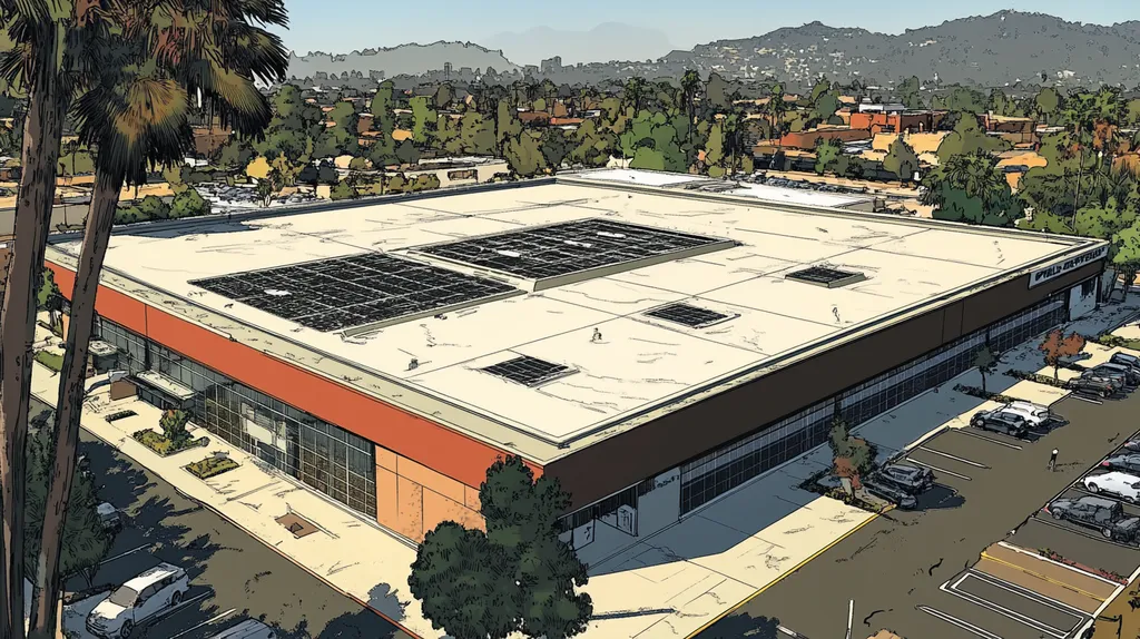 A commercial roof on a post office in a location similar to Beverly Hills with a comic book style aesthetic (AI image)