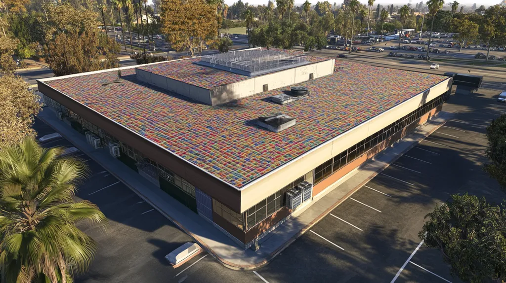A commercial roof on a post office in a location similar to Beverly Hills with a mosaic tile art aesthetic (AI image)