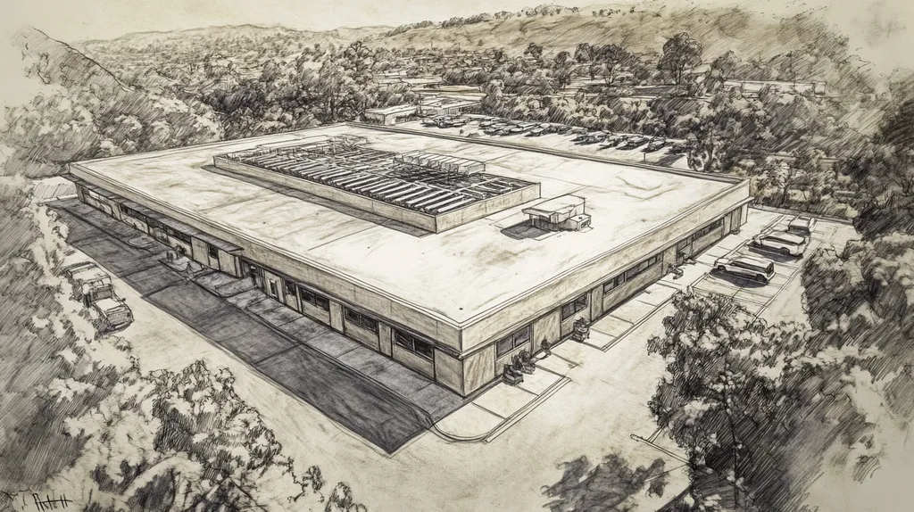 A commercial roof on a post office in a location similar to Big Sur with a charcoal sketch aesthetic (AI image)