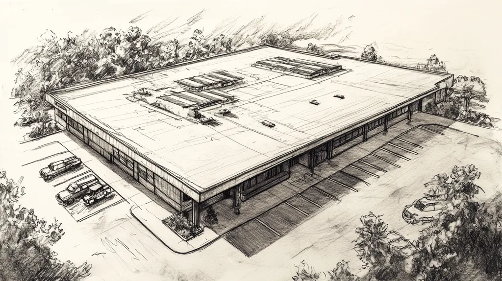 A commercial roof on a post office in a location similar to Big Sur with a charcoal sketch aesthetic (AI image)