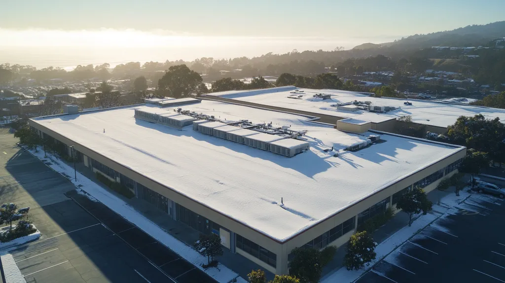 A commercial roof on a post office in a location similar to Big Sur with a snowy day aesthetic (AI image)
