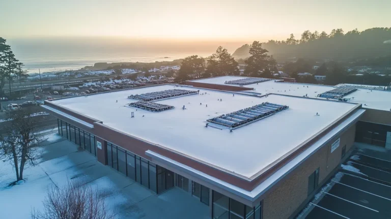 A commercial roof on a post office in a location similar to Big Sur with a snowy day aesthetic (AI image)