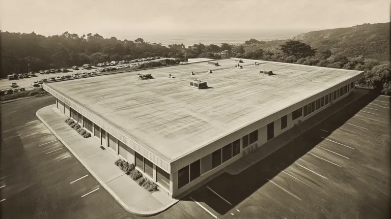 A commercial roof on a post office in a location similar to Big Sur with a tintype aesthetic (AI image)