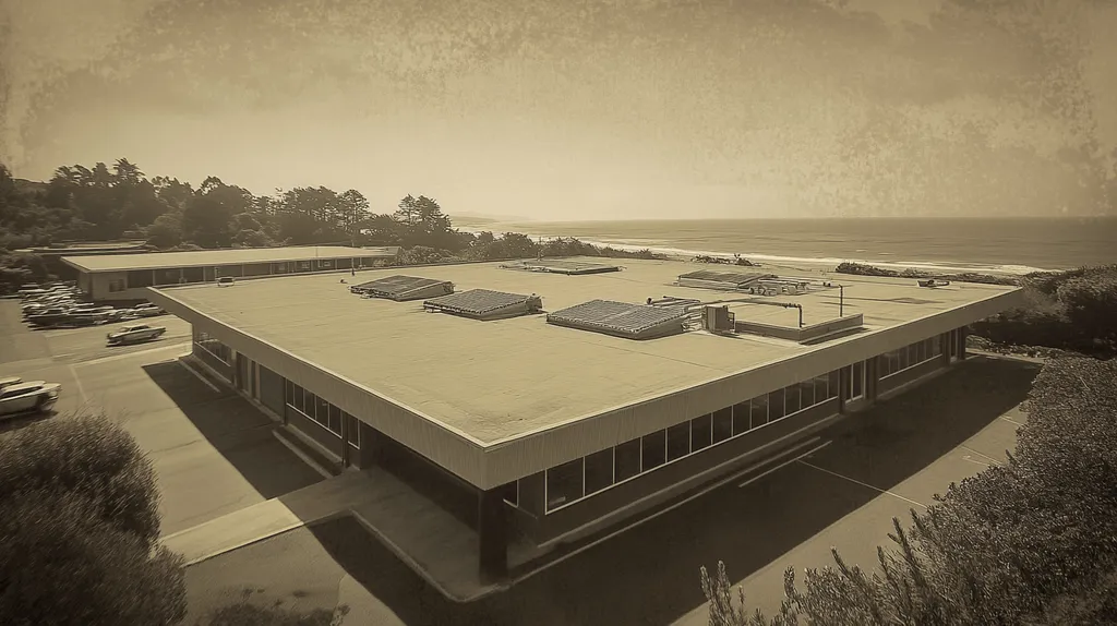 A commercial roof on a post office in a location similar to Big Sur with a tintype aesthetic (AI image)