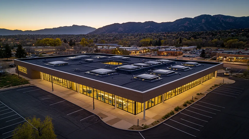 A commercial roof on a post office in a location similar to Boulder with an illuminated nightscape aesthetic (AI image)