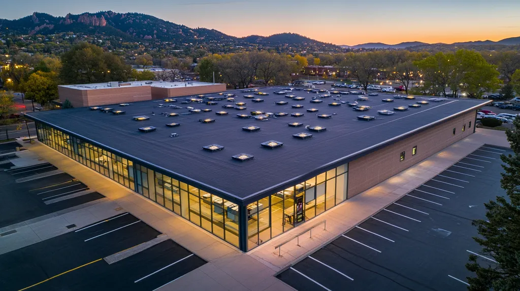 A commercial roof on a post office in a location similar to Boulder with an illuminated nightscape aesthetic (AI image)