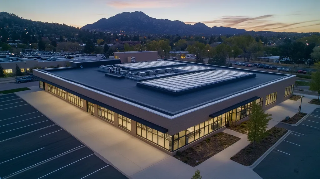 A commercial roof on a post office in a location similar to Boulder with an illuminated nightscape aesthetic (AI image)