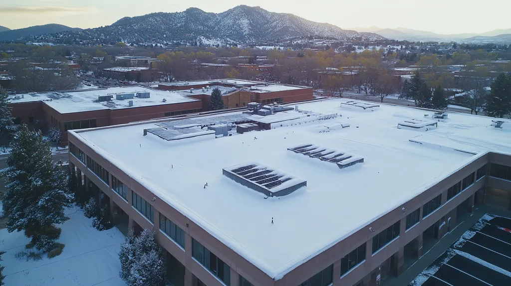 A commercial roof on a post office in a location similar to Boulder with a snowy day aesthetic (AI image)