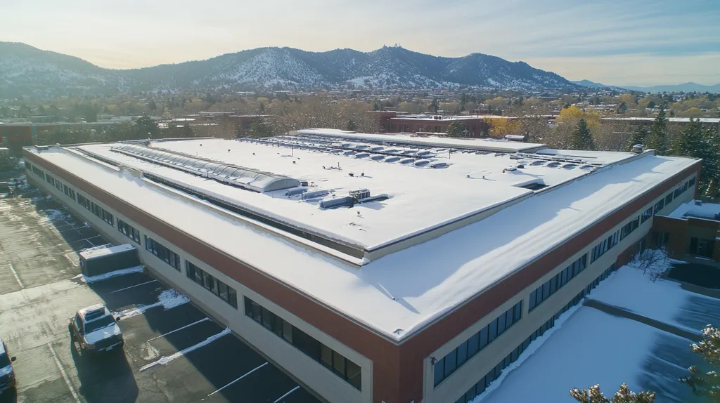 A commercial roof on a post office in a location similar to Boulder with a snowy day aesthetic (AI image)