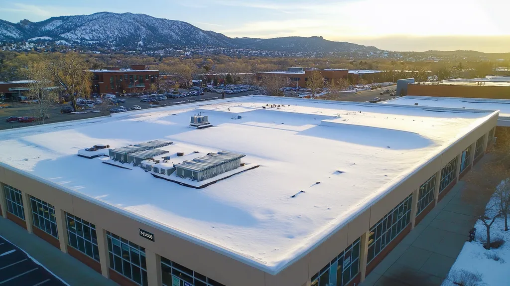 A commercial roof on a post office in a location similar to Boulder with a snowy day aesthetic (AI image)