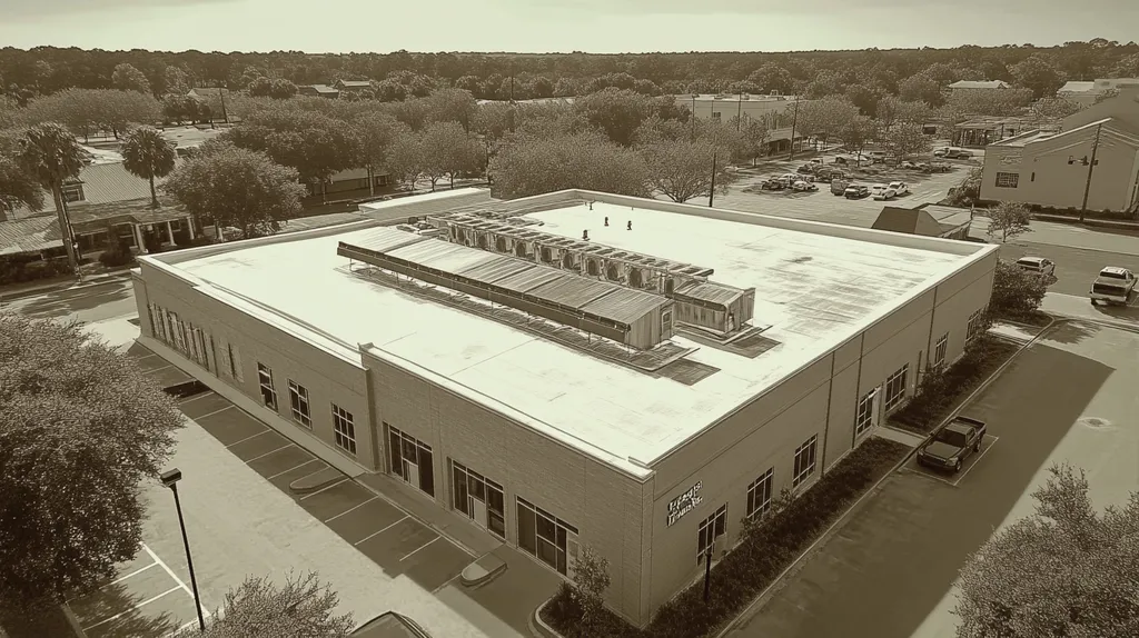 A commercial roof on a post office in a location similar to Charleston with an architectural sketch rendering aesthetic (AI image)