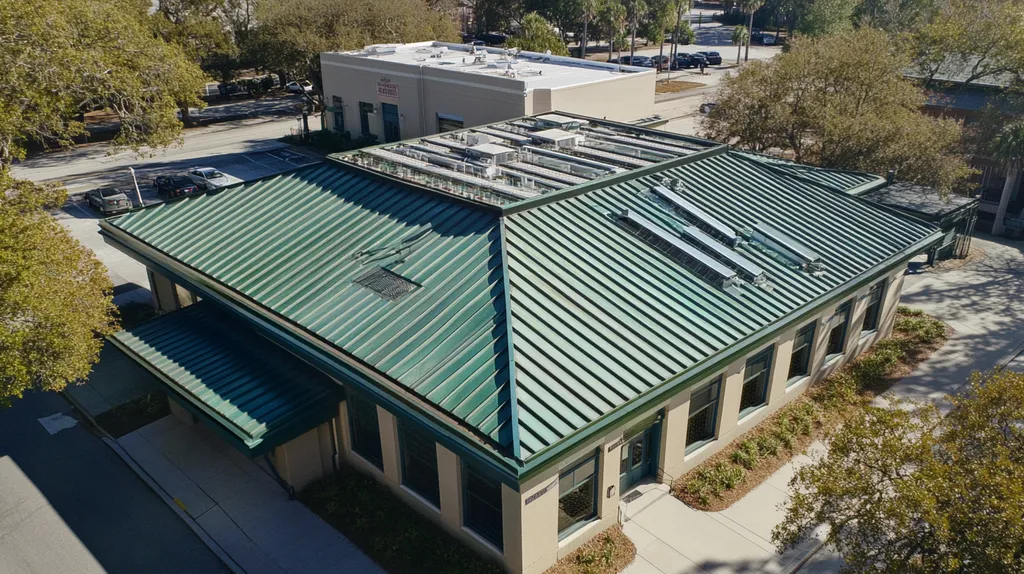 A commercial roof on a post office in a location similar to Charleston with a stained glass style aesthetic (AI image)