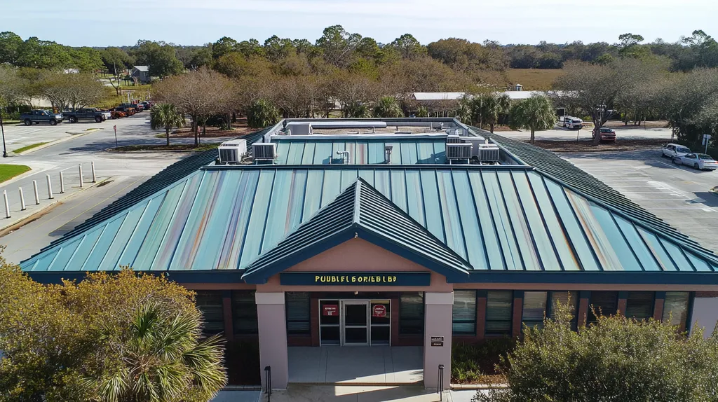 A commercial roof on a post office in a location similar to Charleston with a stained glass style aesthetic (AI image)