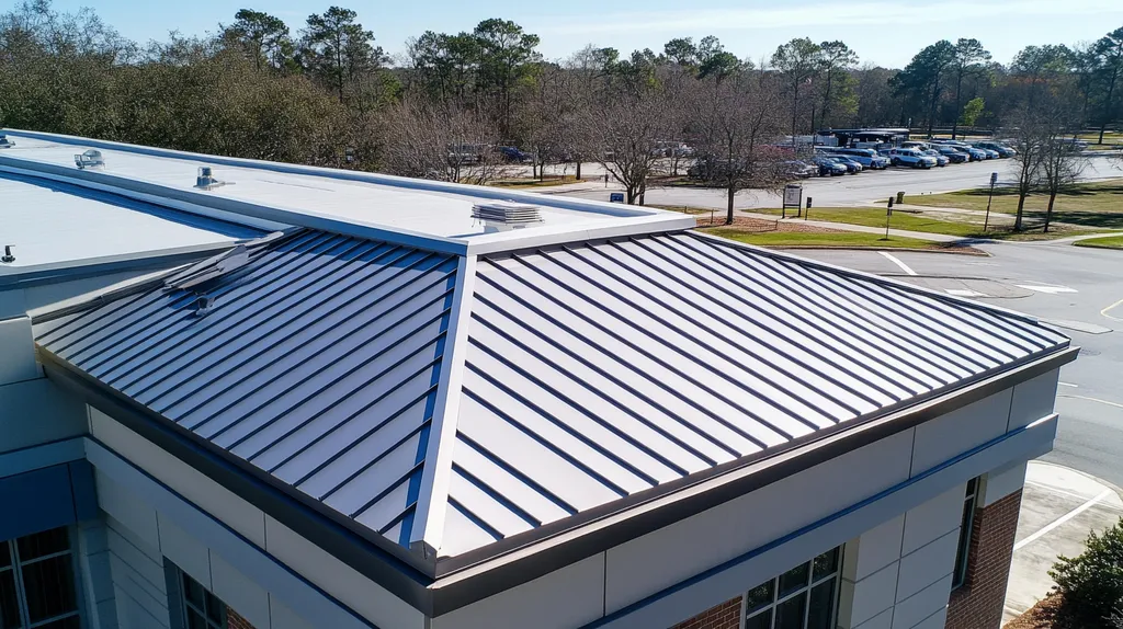 A commercial roof on a post office in a location similar to Charleston with a stainless steel aesthetic (AI image)