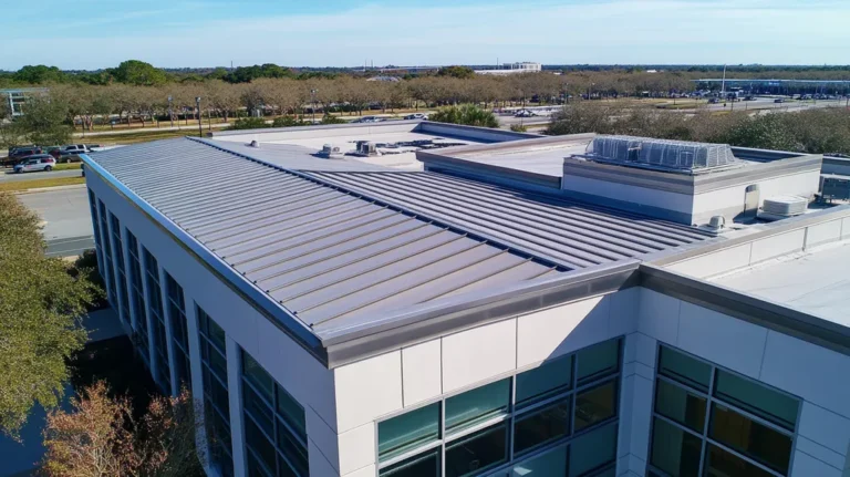 A commercial roof on a post office in a location similar to Charleston with a stainless steel aesthetic (AI image)