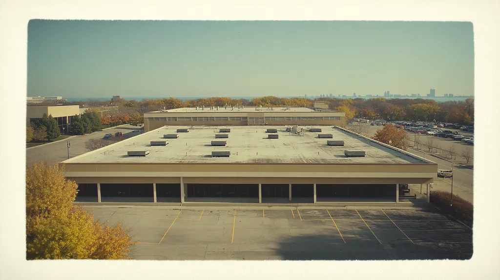 A commercial roof on a post office in a location similar to Chicago with a Polaroid aesthetic (AI image)