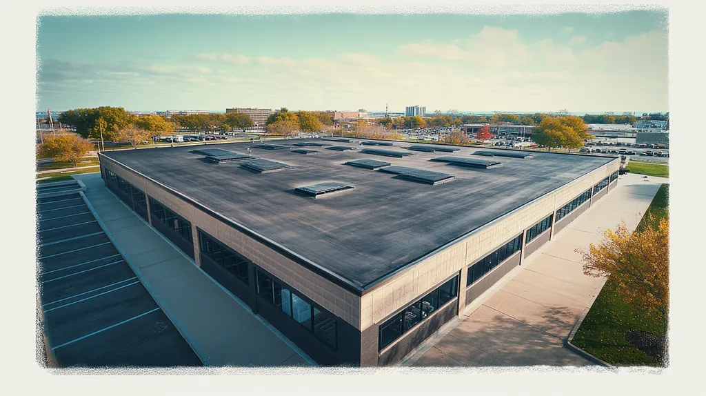 A commercial roof on a post office in a location similar to Chicago with a Polaroid aesthetic (AI image)
