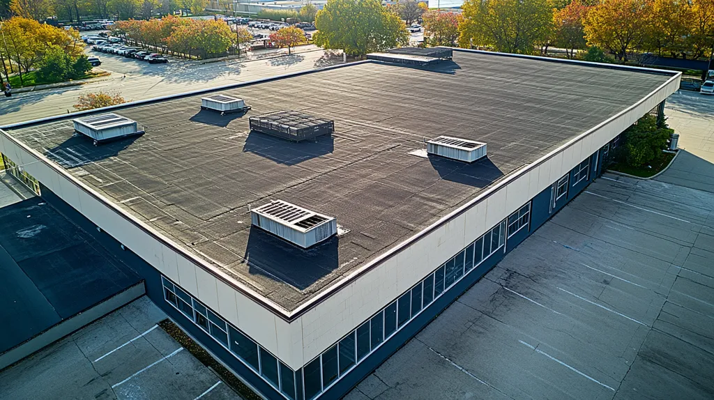 A commercial roof on a post office in a location similar to Chicago with an architectural photography aesthetic (AI image)