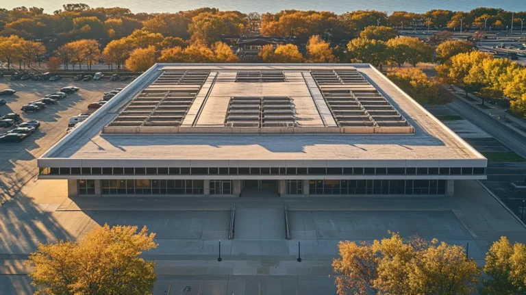 A commercial roof on a post office in a location similar to Chicago with an architectural photography aesthetic (AI image)