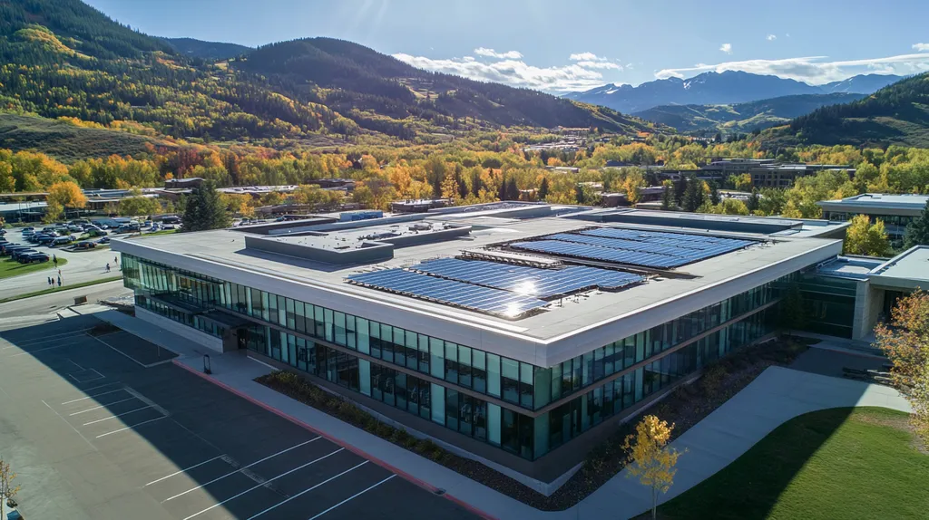 A commercial roof on a public library in a location similar to Aspen with a cross-processed look aesthetic (AI image)