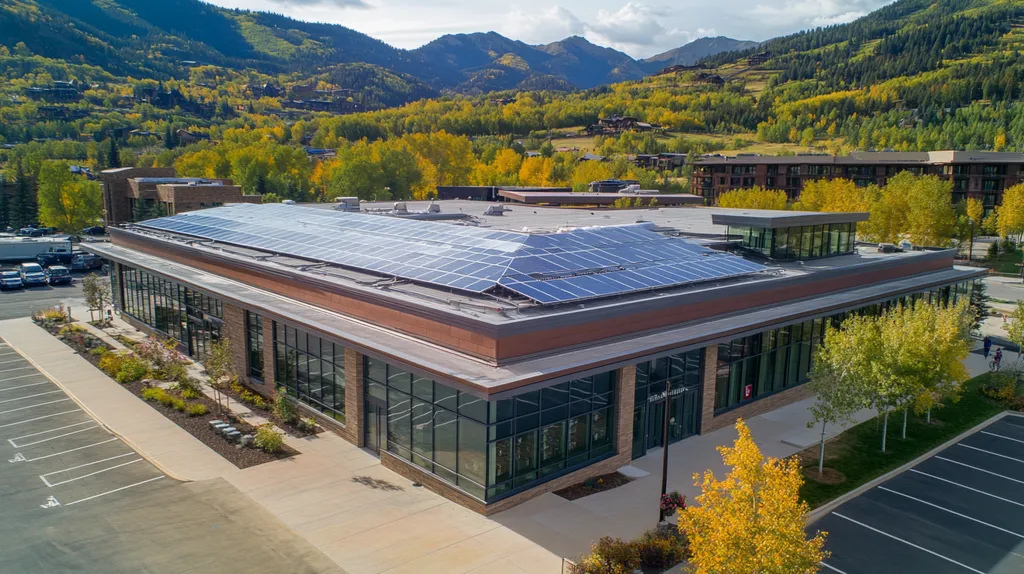 A commercial roof on a public library in a location similar to Aspen with a cross processed look aesthetic (AI image)