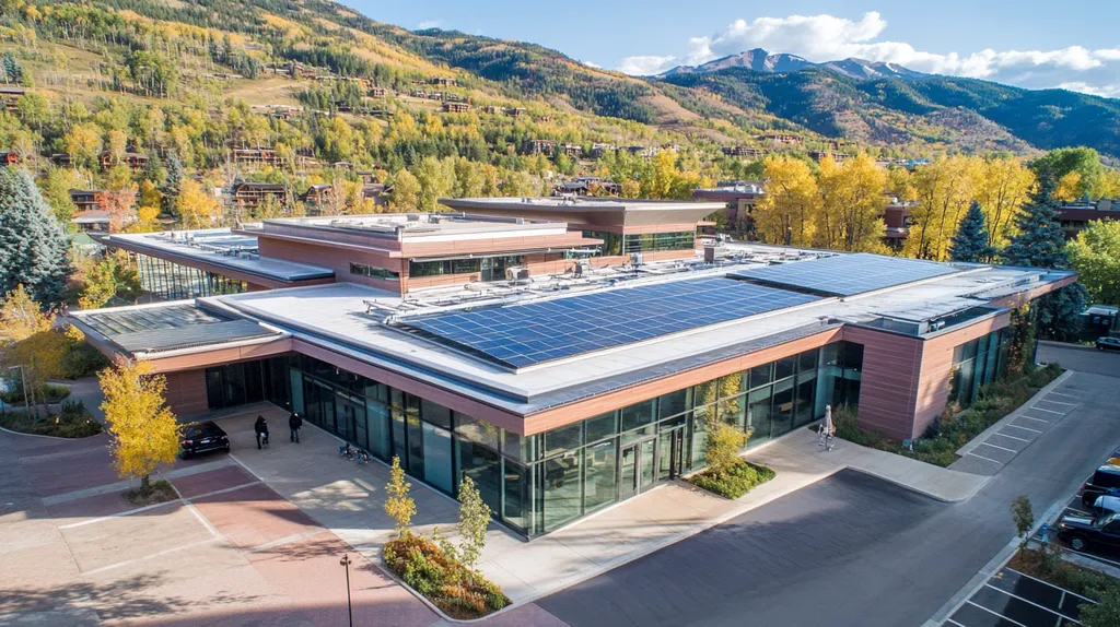A commercial roof on a public library in a location similar to Aspen with a cross-processed look aesthetic (AI image)