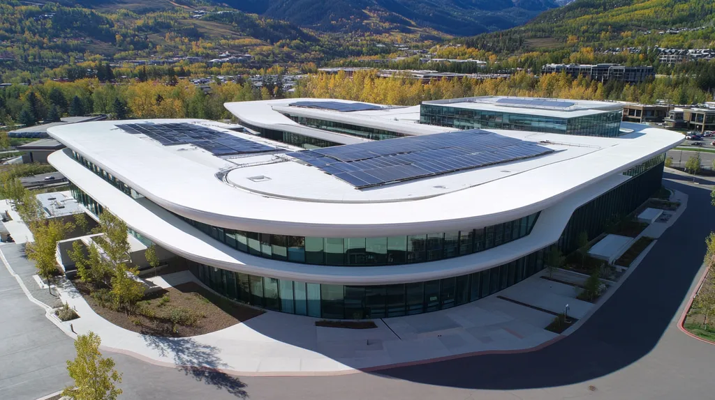 A commercial roof on a public library in a location similar to Aspen with a futuristic aesthetic (AI image)