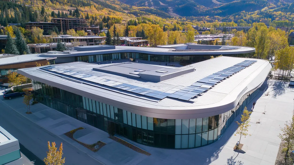 A commercial roof on a public library in a location similar to Aspen with a futuristic aesthetic (AI image)