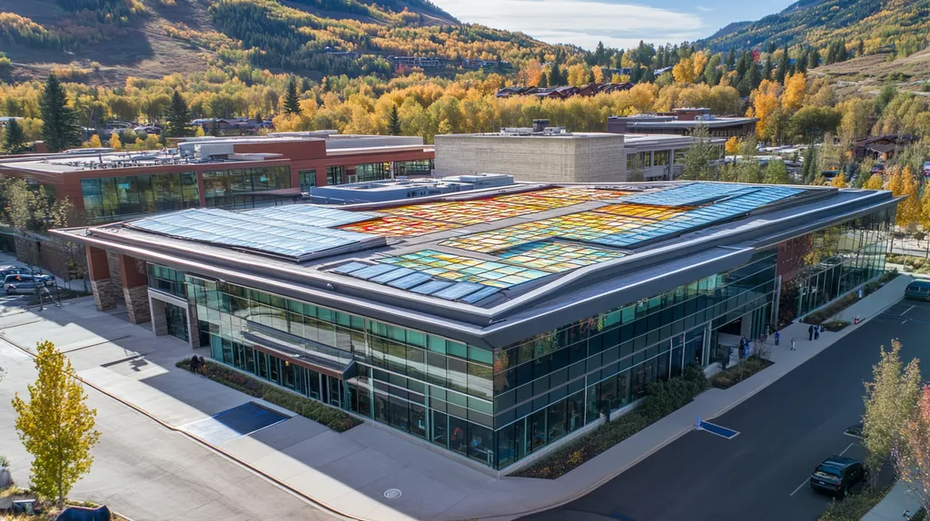 A commercial roof on a public library in a location similar to Aspen with a stained glass style aesthetic (AI image)