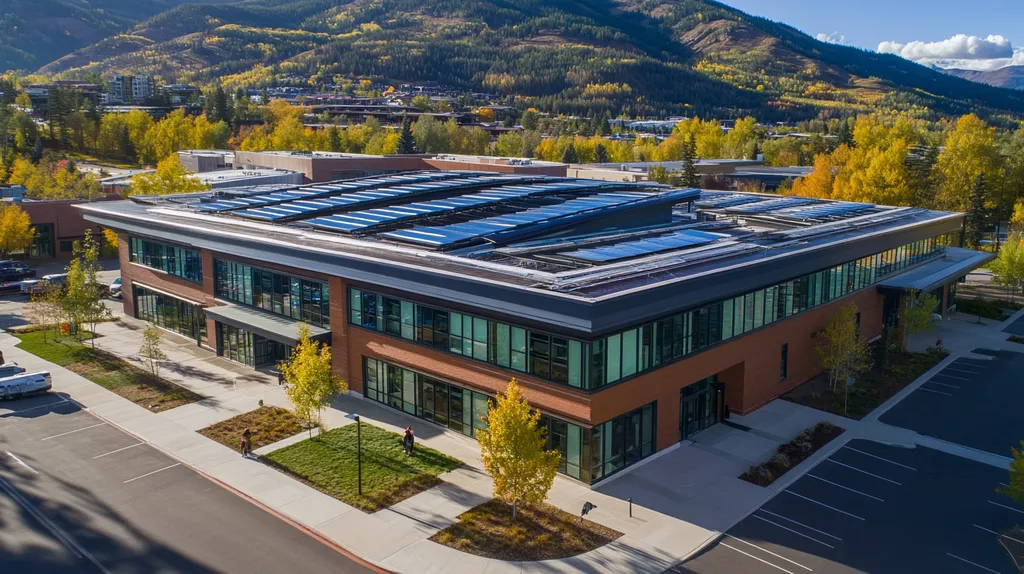 A commercial roof on a public library in a location similar to Aspen with a stained glass style aesthetic (AI image)