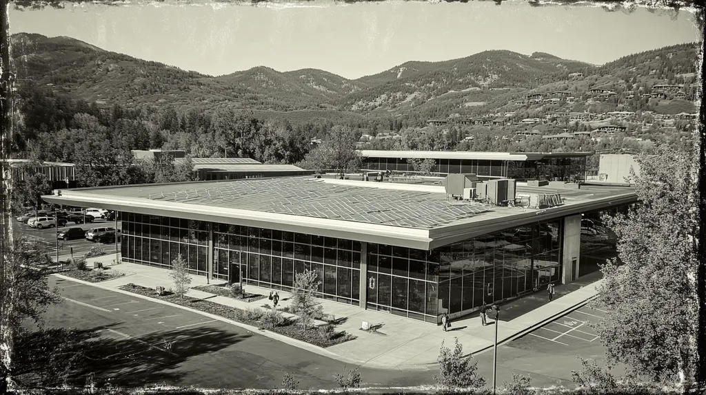 A commercial roof on a public library in a location similar to Aspen with a tintype aesthetic (AI image)