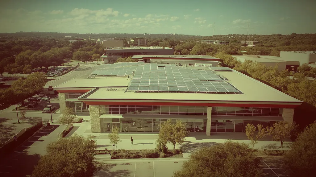 A commercial roof on a public library in a location similar to Austin with a Polaroid aesthetic (AI image)
